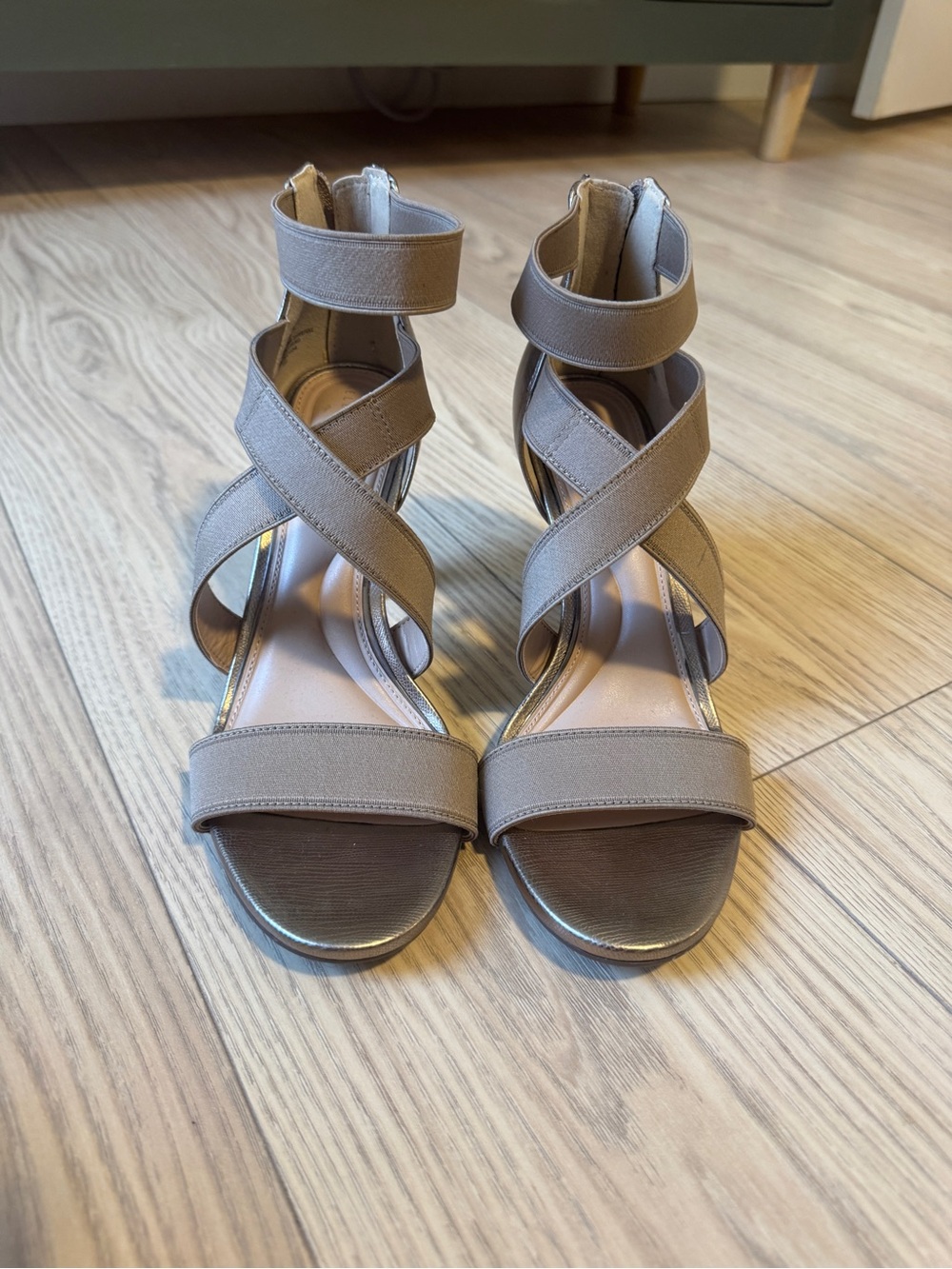 Kelly & Katie Taupe Crisscross Ankle Strap Heels